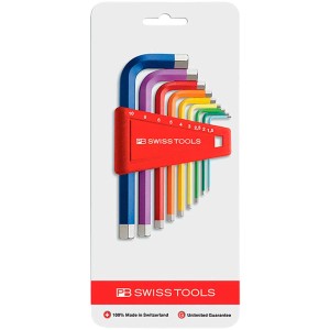 9-teiliges Winkelstiftschlüssel-Set von PB Swiss Tools, farbcodiert für Innensechskantschrauben.