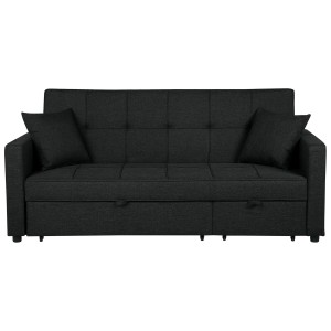 Canapé-lit 3 places noir Glomma avec matelassage, coussins et rangement pour la literie.