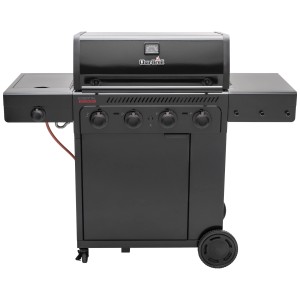 Barbecue a gas nero Char-Broil Essential 4 G con bruciatore laterale e spazio di stoccaggio.