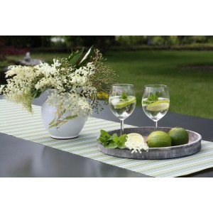 Scène avec de la menthe à cocktail Blu Hugo dans un vase, des verres et des citrons verts sur une table dans le jardin.