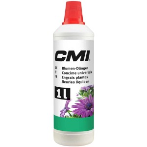 CMI Fertilizzante per fiori 1 l, fertilizzante universale per piante ornamentali, flacone con tappo rosso.