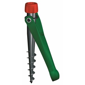 Grüner Krinner Bodendübel Vario Drill aus Kunststoff. Sonnenschirmhalter mit Schraubspirale und rotem Verschluss.