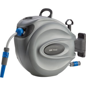 Set avvolgitubo a parete LUX 12 m con tubo, grigio, con riavvolgimento automatico e staffa a muro.
