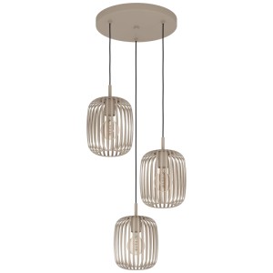 Lampada a sospensione beige Eglo Romazzina con tre paralumi in acciaio e cavi neri.