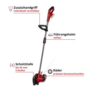 Tagliabordi a batteria Einhell Power X-Change GE-LE 18/190 Li-Solo, rosso, con manico regolabile e ruote.