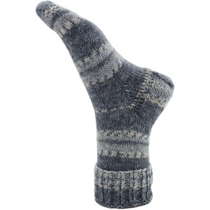 Laine Myboshi mysocks Merino Feuille d'argent, chaussette tricotée dans les tons de gris et de beige.