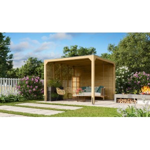 Pavillon carré Karibu Fyrkant en bois naturel dans le jardin.