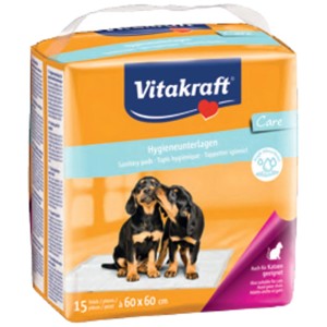 Confezione di tappetini igienici per cuccioli Vitakraft, 60x60 cm, 15 pezzi, con immagine di cane.