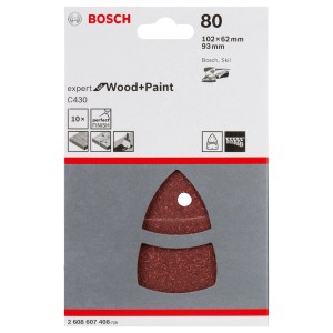 Set de feuilles abrasives Bosch C430, grain 80, pour ponceuses multifonctions. Set de 10 pièces, adapté pour bois et peinture.