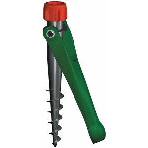 Ancrage au sol vert Krinner Vario Drill pour parasols, avec poignée rouge et foret hélicoïdal.