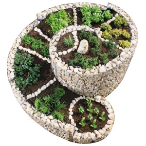 Grande spirale à herbes aromatiques en gabion (200x150x80-20cm) plantée de diverses herbes.