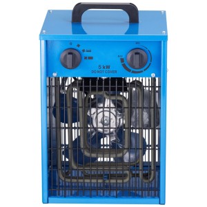 Stufa elettrica blu Alduro 400V/5kW con termostato per cantieri e officine.