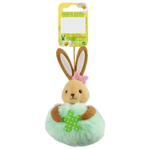 Decorazione pasquale coniglietto in peluche menta, 12x6cm, con fiocco e fiore.