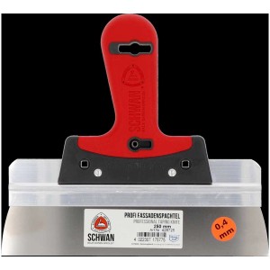 Spatule à enduire de 250 mm de large avec manche rouge. Idéale pour enduire murs, plafonds et sols.