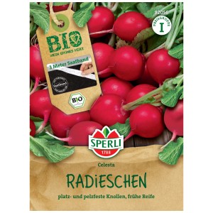 Ruban de graines de radis bio Sperli Celesta, bulbes rouges et feuilles vertes sur l'emballage.