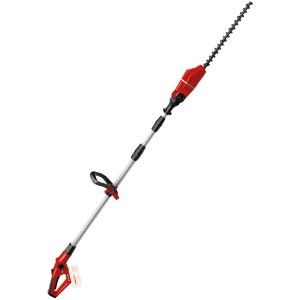 Taille-haie sans fil Einhell GE-HH 18/45 Li T - Solo avec manche télescopique et éléments rouges.