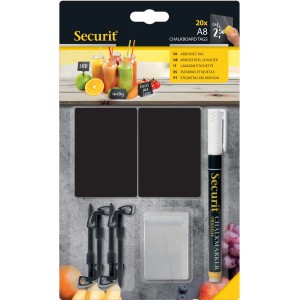 Securit Kreidetafel Set A8 mit Halterungen und Stift, 20 Stück, schwarz.