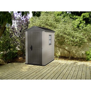Casetta da giardino in plastica Keter Factor 4x6 effetto legno con finestra e porta chiudibile.