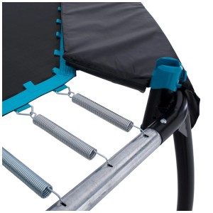 Dettaglio: molle, telaio e bordo protettivo del trampolino ottagonale TP Toys blu e nero.