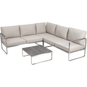 4-teiliges Lounge-Set Sydney von Greemotion mit Edelstahlrahmen und beigen Kissen.