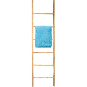 Scala in bambù, 6 gradini, 190 cm, usata come portasciugamani con asciugamano blu.