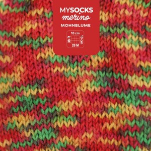 Myboshi Wolle Mysocks Merino Mohnblume, mehrfarbiges Sockengarn aus Merinowolle und Polyamid.