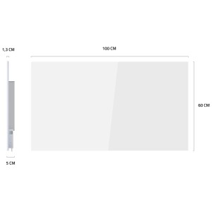 Panneau chauffant infrarouge Hombli Smart blanc en verre, 100x60 cm, avec vue latérale et dimensions. Chauffage électrique.