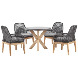 Ensemble de jardin Beliani Olbia: table ronde plateau ciment gris, piètement acacia, 4 chaises tressées avec coussins gris.