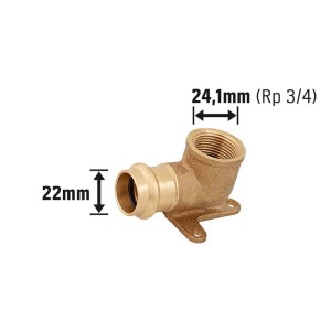 Raccordo a pressare a parete in bronzo rosso, 22 mm x 24,1 mm (Rp 3/4), per tubi in rame e installazione acqua potabile.