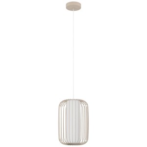 Lampada a sospensione beige Eglo Terrarossa con paralume in filo d'acciaio e cilindro in tessuto per soggiorno e sala da pranzo.
