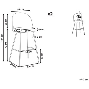 Schéma des tabourets de bar Beliani Arcola, lot de 2, vert émeraude, avec dimensions.