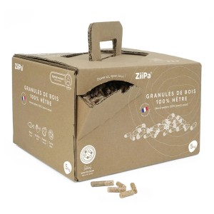 Pellet di faggio Ziipa 5kg in scatola di cartone con manico, ideale per forni pizza.