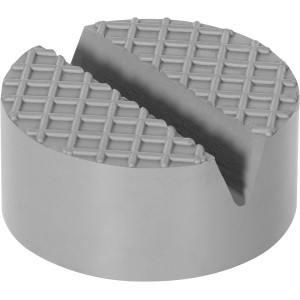 Tampone in gomma grigia per cric auto, Ø 65 mm, con scanalatura a V per protezione antigraffio.
