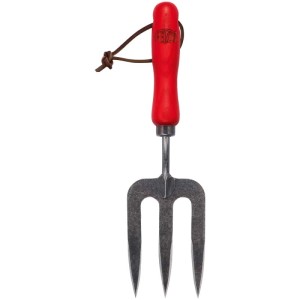 Forchetta da giardino Felco 431 con manico in legno rosso e tre rebbi in acciaio.