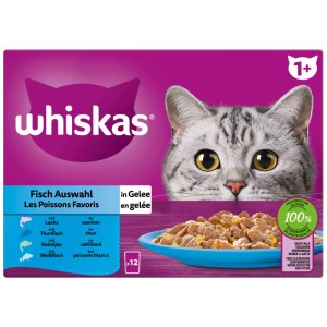 Whiskas Katzen-Nassfutter Fisch in Gelee, 12 x 85g Packung mit Lachs, Thunfisch, Kabeljau und Weißfisch.