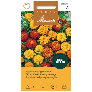 Confezione di semi Tagetes Sparky Mix con fiori arancio, gialli e marrone-rossiccio.