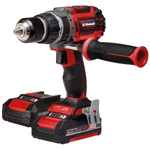 Trapano avvitatore a percussione a batteria Einhell TP-CD 18/70 Li-i BL con due batterie e impugnatura supplementare.