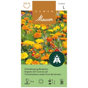 Sementi Mauser per sovescio con tagete e calendula per circa 50 m². Fiori giallo-arancio.
