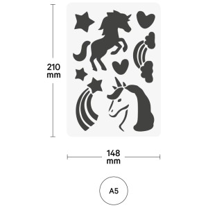 I am Creative Design-Schablone Kids Einhörner, Kunststoff, weiss, mit Einhorn-, Stern- und Herzmotiven.