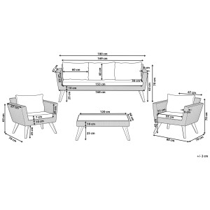 Beliani Ensemble lounge Vittoria XL, 5 places, rotin marron, coussins gris, avec dimensions.