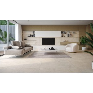 Salon lumineux avec carrelage de sol en grès cérame Moonrow gris mat 59,8x59,8 cm.
