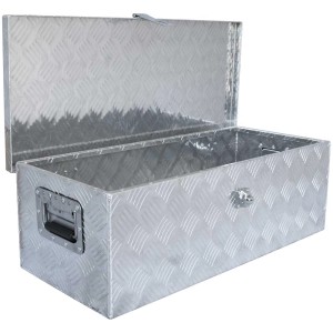 Offene Transportbox VT55 aus Aluminium mit Deckel und Tragegriffen.