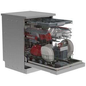 Lave-vaisselle Sharp QW-NA3YF42AW-CH en acier inoxydable ouvert et chargé de vaisselle.