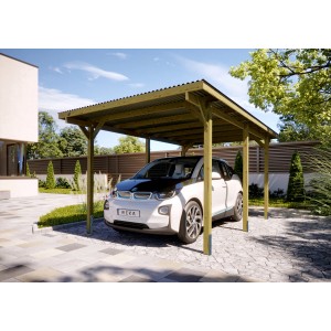 Carport singolo Weka 606 in legno con auto. Ricovero stabile per auto, moto o biciclette in giardino.