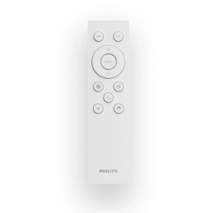 Télécommande Philips blanche pour plafonnier LED. Boutons marche/arrêt, gradation, température couleur et scènes.