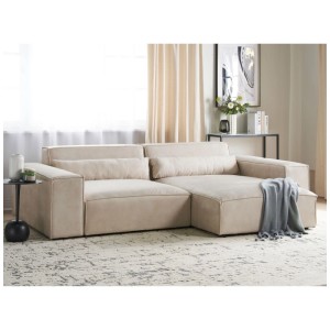 Canapé d'angle beige Beliani Hellnar en velours, 176x262cm. Canapé modulable avec coussins.