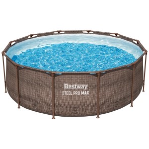 Piscine tubulaire Bestway Steel Pro Max, ronde, aspect rotin marron avec eau bleue.