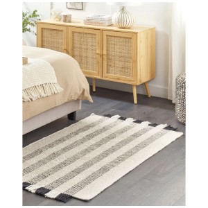 Tapis Beliani Tacettin, 80x150 cm, laine, blanc avec rayures et franges style bohème.