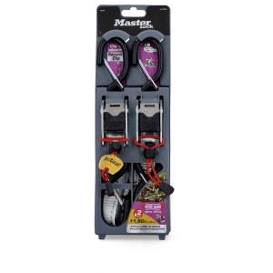Sangle d'arrimage Master Lock avec fermeture à pince et crochets en S, 180 cm, lot de 2, pour un transport sécurisé.