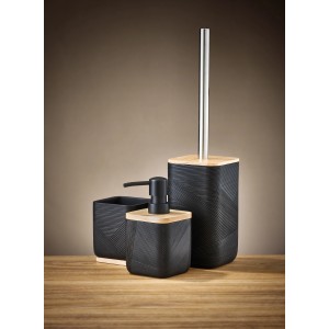 Dispenser sapone nero Kleine Wolke Crossover con motivo a scanalature e dettagli in legno.
